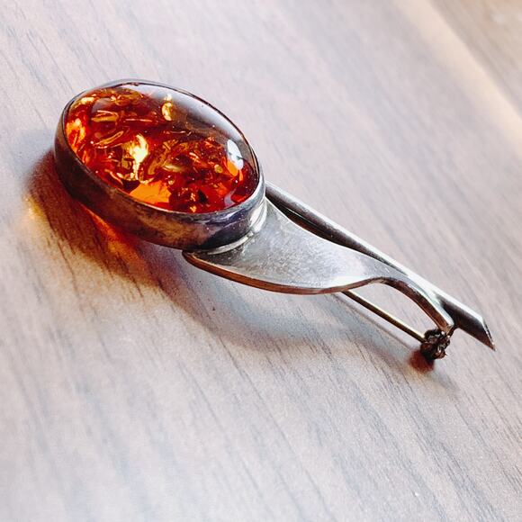 Genuine Baltic Amber Sterling Silver Mid Century Modernist Brooch Scandinavian? - Picture 5 of 16